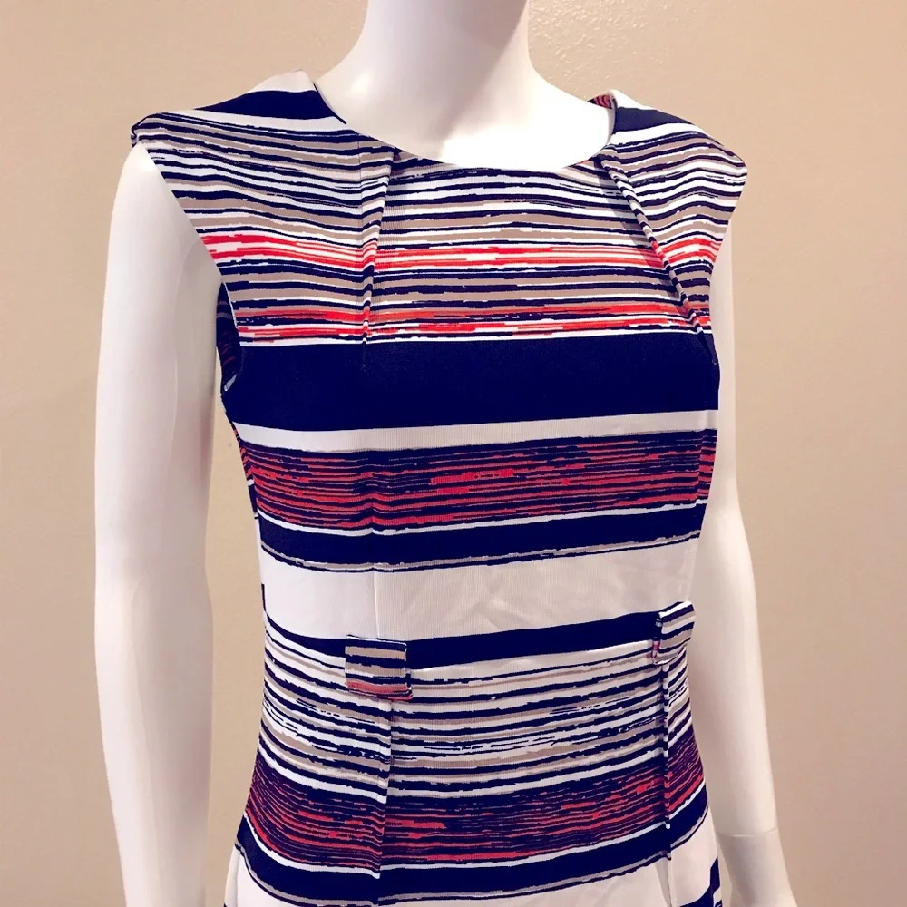 ILE Sheath Dress Size 8 Small Sleeveless Multi Color Stripe Stretch Zip Back - Picture 2 of 11
